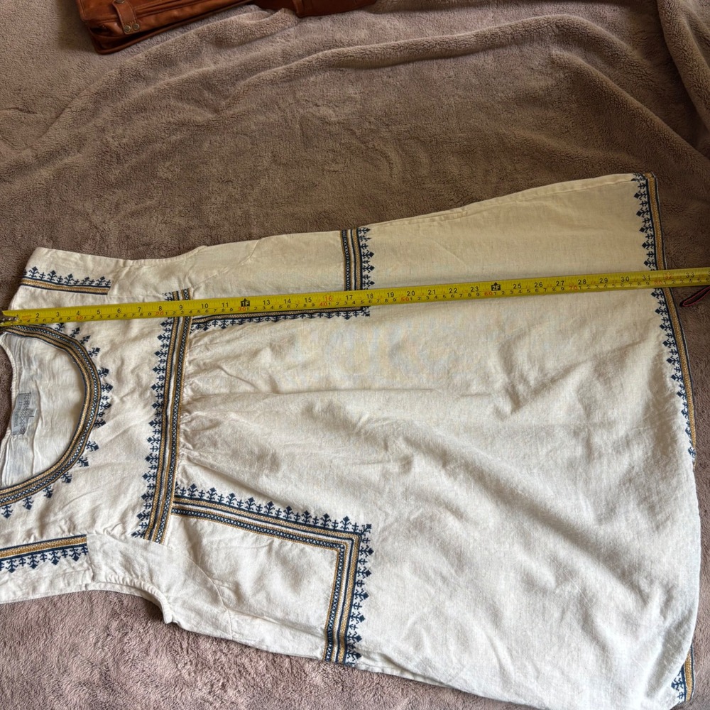 World Market Embroidered Cotton Linen Boho Shift Dress Cream Navy SM - Picture 8 of 9